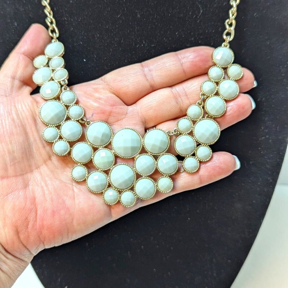 Light Green Mint Cabochons Bib Statement Necklace Gold Tone